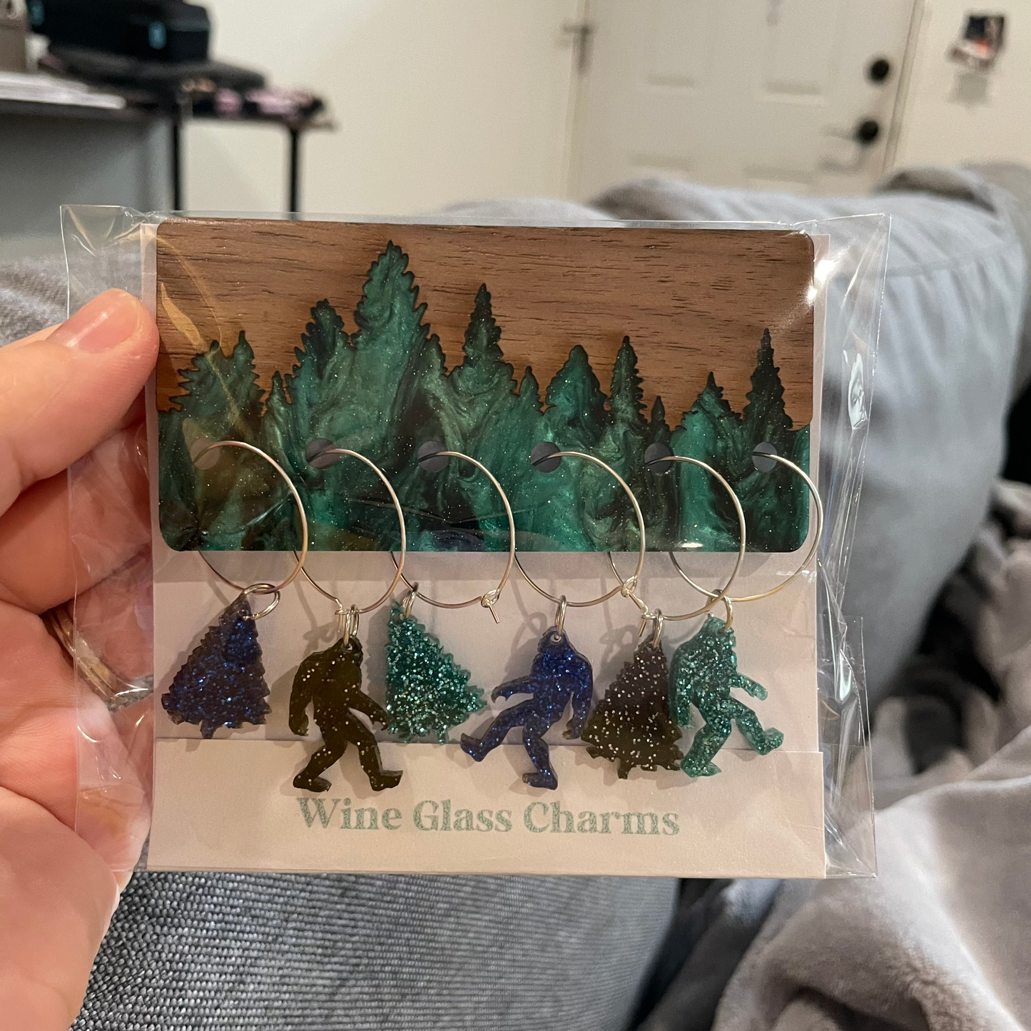 Sasquatch and Trees Acrylic Wine Glass Charm Set